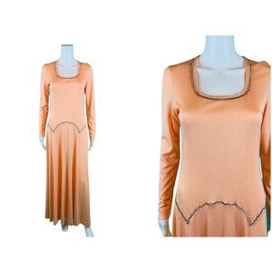 Vintage 70s Formal Gown Women's Small Rhinestone Trim Peach Long Sleeve Dress